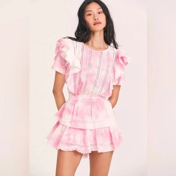 281 LoveShackFancy Natasha Short Sleeve Eyelet Mini Dress Size XS Color Pink - Picture 1 of 11